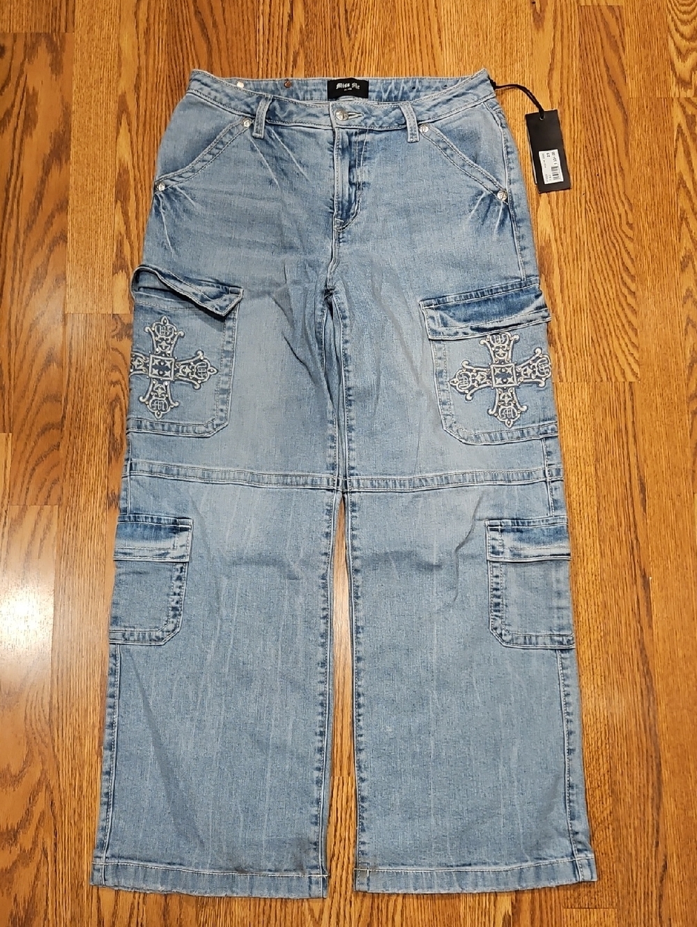Miss Me Wide Leg Cargo Jeans with Embroidered Accents